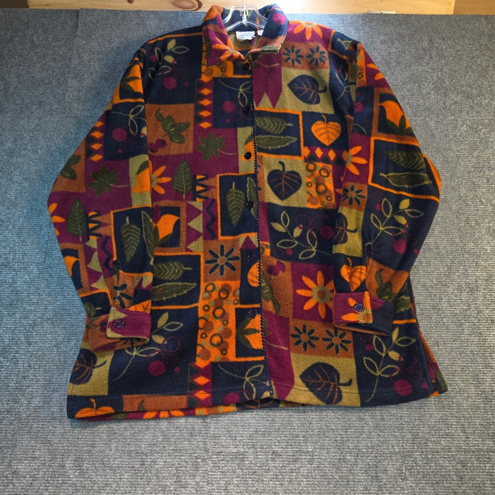 Jason Maxwell Fleece Jacket Women Medium Multicolor Vintage Leaf Print Excellent